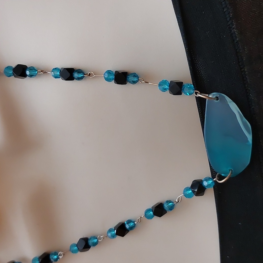 Black with Blue Swarovski Like Crystal Bead Necklace with Sea Glass Slab Pendant - Picture 4 of 6